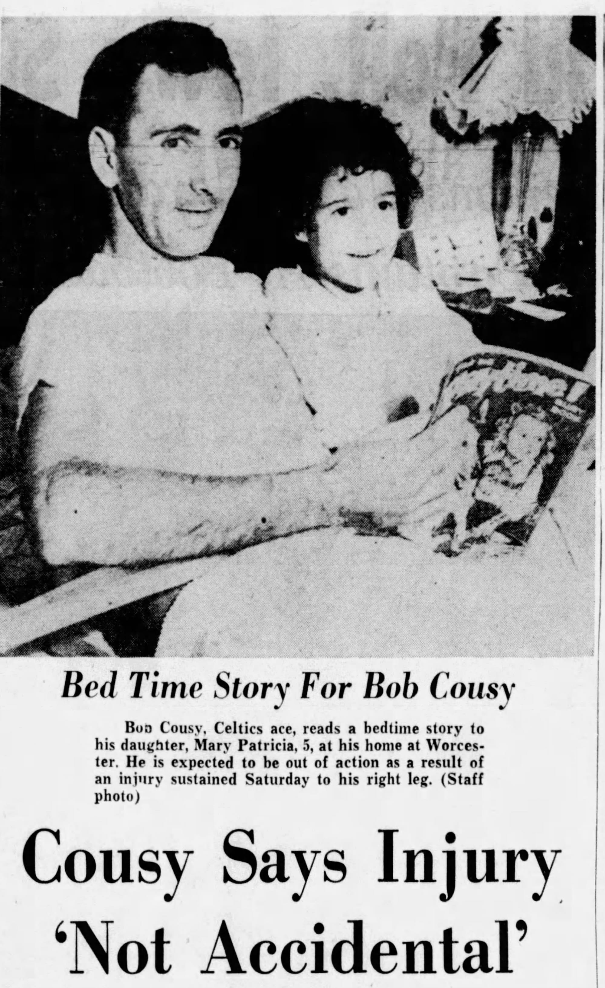 Bob Cousy lit une histoire à sa fille. Il en a le temps depuis qu'il est alité après avoir subit la foudre avec la faute de Neil Johnston. 