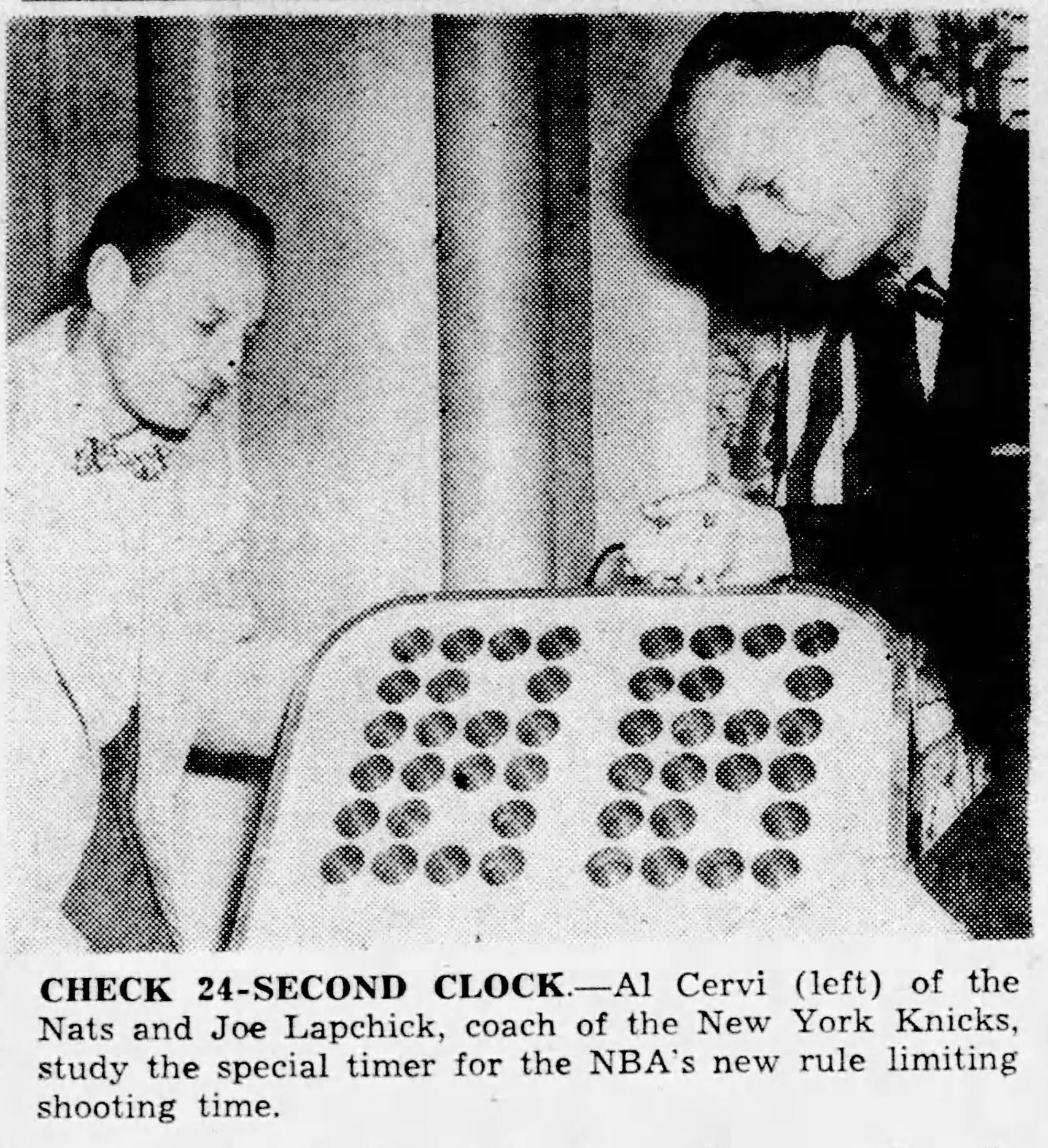 Al Cervi et Joe Lapchick observe ce drôle d'objet issu de la nouvelle règle des 24 secondes. 