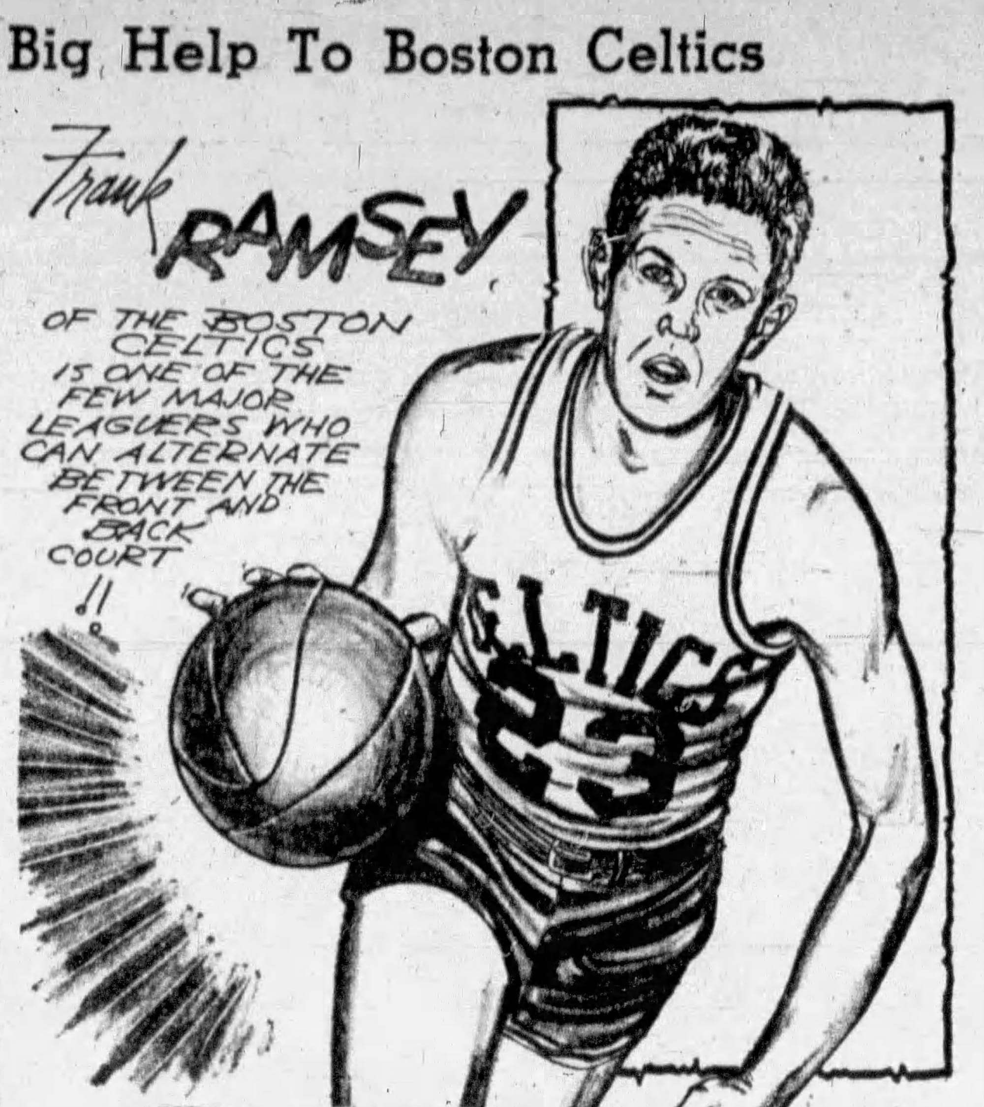 Illustration du Transcript Telegram du 25 janvier 1957 avec ici une caricature de l'ailier Frank Ramsey